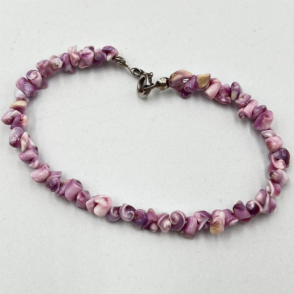Vintage Boho Purple Lilac Natural Shell Chip Bead Anklet Bracelet Silver Tone